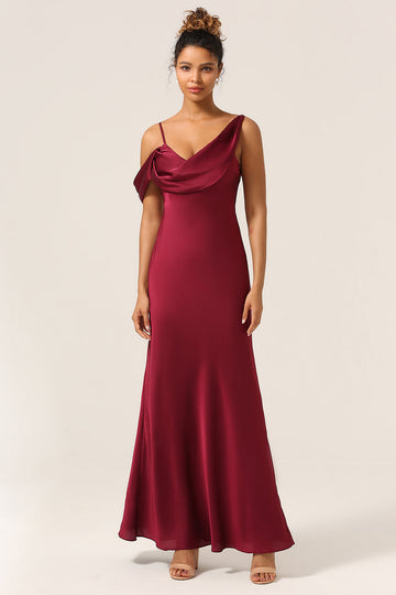 Cabernet Mermaid Floor Length Satin Bridesmaid Dress with Sleeveless